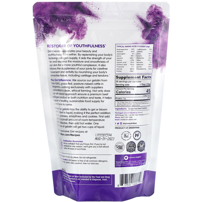 Zint, Beef Gelatin, Чистый Протеин, 16 унций (454г)