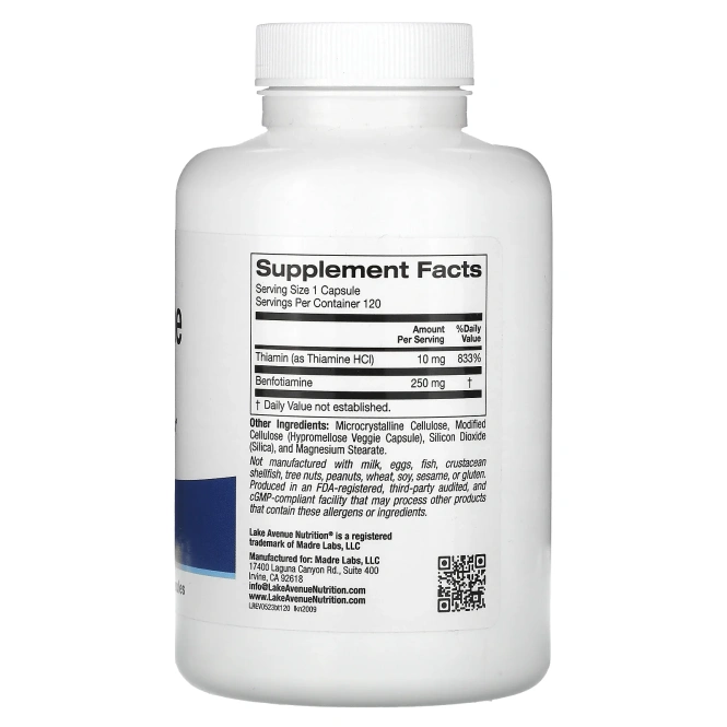 Lake Avenue Nutrition, бенфотиамин и тиамин, 250 мг, 120 растительных капсул