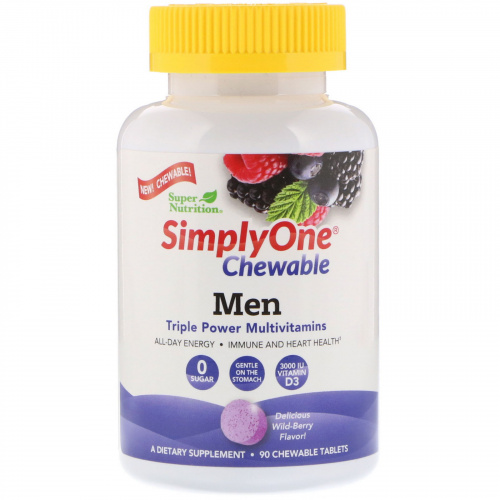 Super Nutrition, SimplyOne, Мультивитамины для мужчин тройного действия, Вкус лесных ягод, 90 жевательных таблеток
