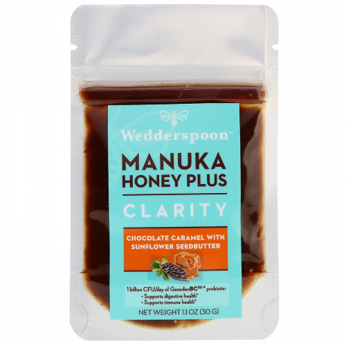 Wedderspoon, Manuka Honey Plus, Clarity, Chocolate Caramel with Sunflower Seedbutter, 5 Pouches, 1.1 oz (30 g) Each