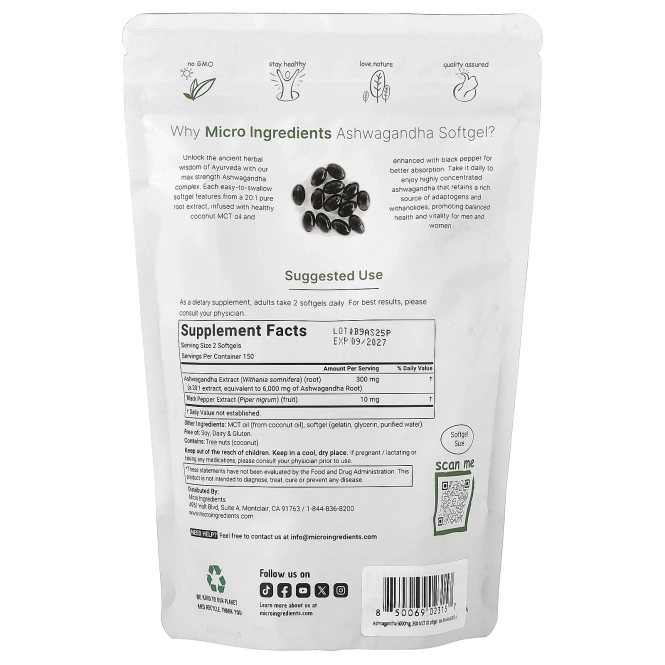 Micro Ingredients, ашваганда, 300 мягких таблеток