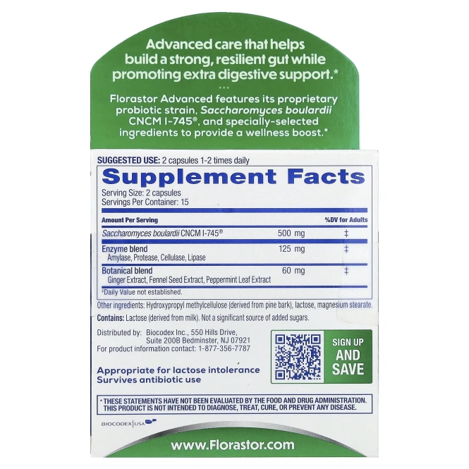 Florastor, Advanced, Gas & Bloat, 30 Vegetarian Capsules