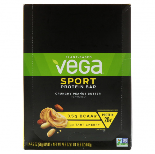 Vega, Sport Protein Bar, Crunchy Peanut Butter, 12 Bars, 2.5 oz (70 g)