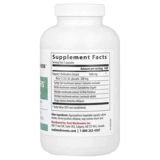 Real Mushrooms, 5 Defenders®, порошок с экстрактом грибов, 200 капсул