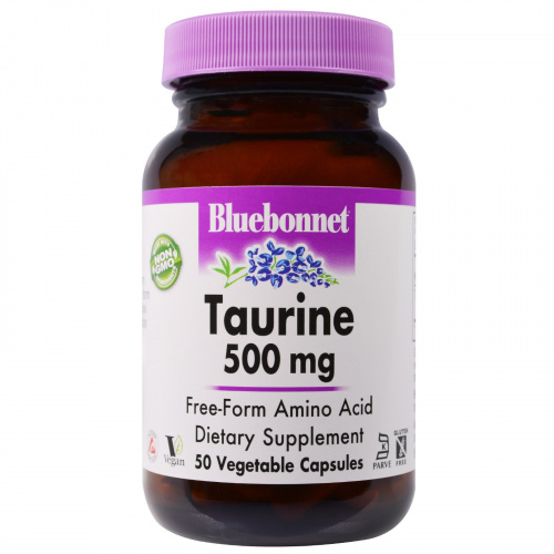 Bluebonnet Nutrition, Таурин, 500 мг, 50 вегетарианских капсул