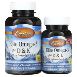 Carlson Labs Elite Omega-3 и витаминов D и K с натуральным вкусом лимона, 60 мягких таблеток + 30 таблеток бесплатно