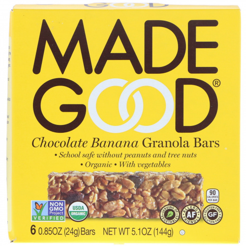 MadeGood, Органический продукт, Батончики с гранолой, Шоколад и банан 6 баточников, 0,85 унц. (24 г) каждый