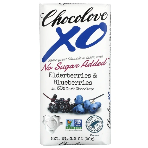 Chocolove, XO, бузина и голубика в 60% темном шоколаде, 90 г (3,2 унции)