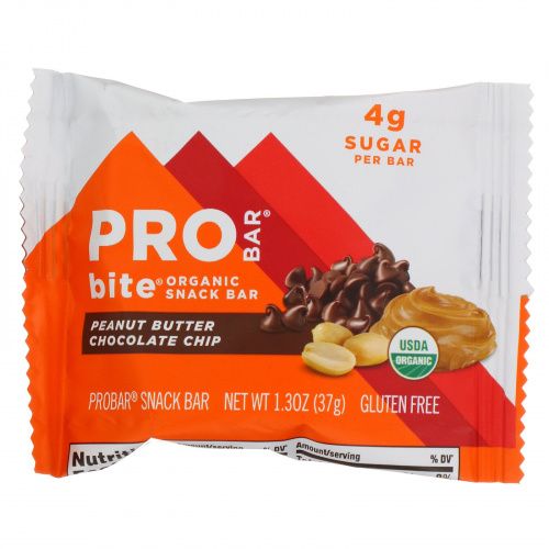 Pro Bar, Bite, Organic Snack Bar, Peanut Butter Chocolate Chip , 12 Bars, 1.3 oz (37 g) Each