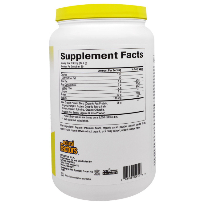 Natural Factors, NATURAL FACTORS, VegiDay Raw Organic Plant-Based Protein - Decadent Chocolate, 32.28 oz