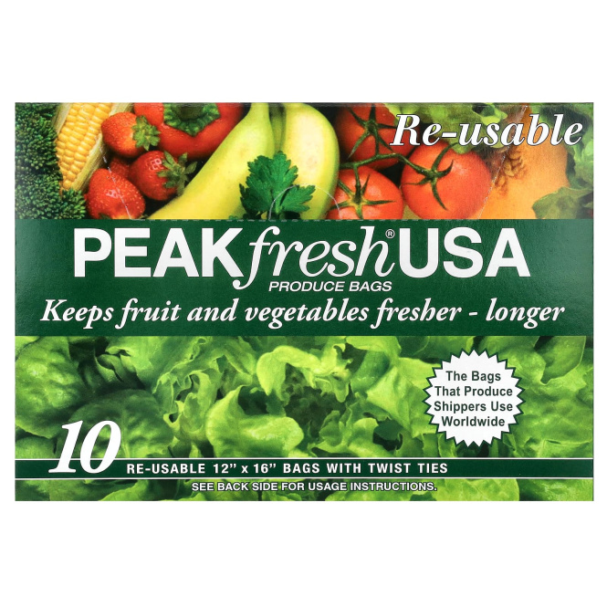 PEAKfresh USA, Многоразовые пакеты для хранения продуктов, 10 - 12 x 16 дюймов, с проволочным креплением