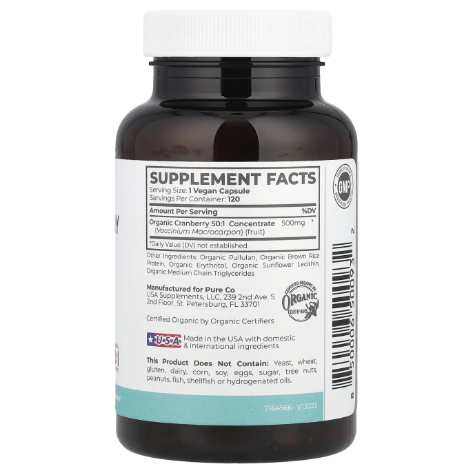 Pure Co., Органический концентрат клюквы, 500 мг, 120 веганских капсул