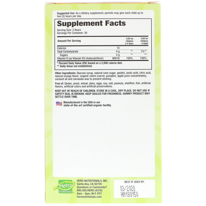 Hero Nutritional Products, Yummi Bears, витамин D3, только натуральные фруктовые ароматизаторы, 600 МЕ, 60 Yummi Bears