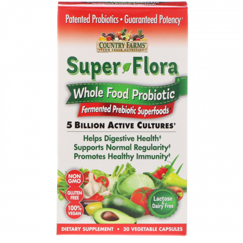 Country Farms, Суперфлора, цельнопищевой пробиотик, суперпродукты с ферментированными пробиотиками, 30 растительных капсул