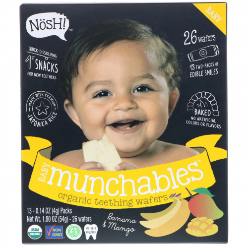 NosH!, Baby Munchables, органические вафли для прорезывания зубов, банан и манго, 13 штук по 0,14 унц. (4 г)