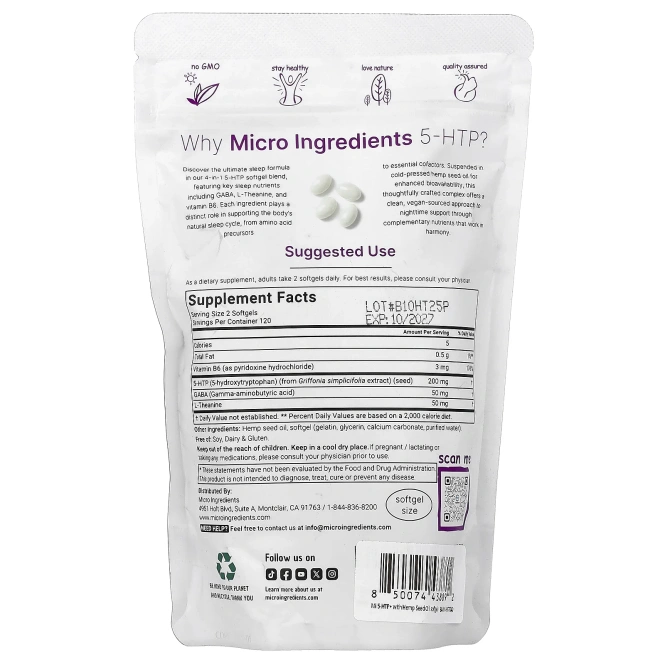 Micro Ingredients, HTP + ГАМК, L-теанин, витамин B6, 240 капсул