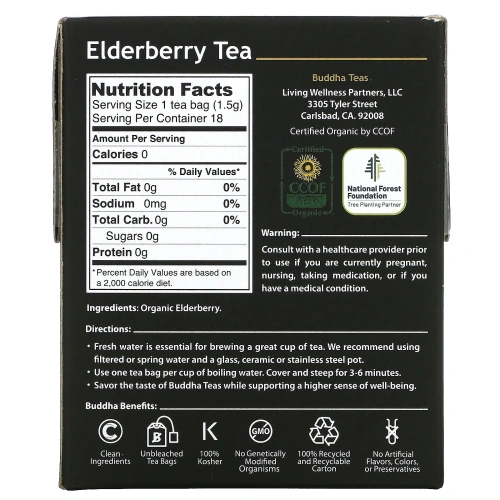 Buddha Teas, Органический травяной чай, бузина, 18 чайных пакетиков, 27 г (0,95 унции)