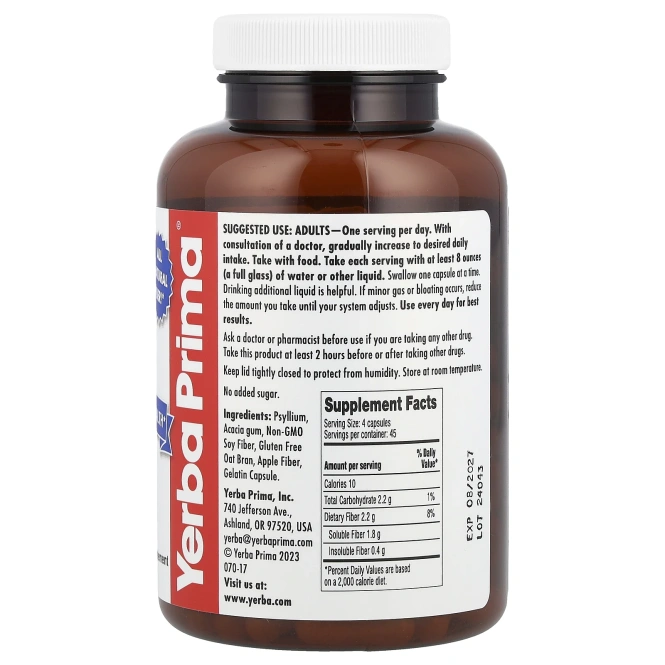 Yerba Prima, Капсулы Daily Fiber , 625 мг, 180 капсул