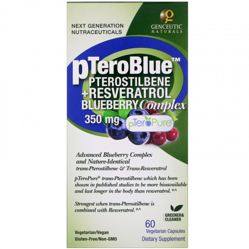 Genceutic Naturals, pTeroBlue, птеростильбен + ресвератрол, 350 мг, 60 капсул
