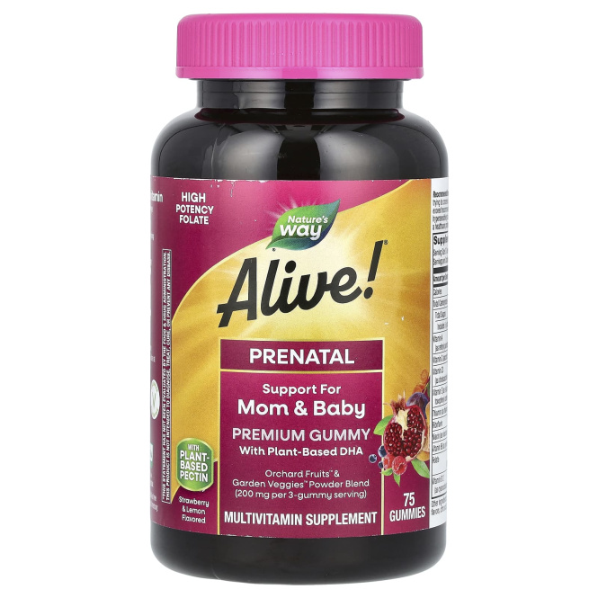 Nature's Way, Alive! Daily Support Premium Prenatal, витамины для беременных, клубника и лимон, 75 жевательных таблеток