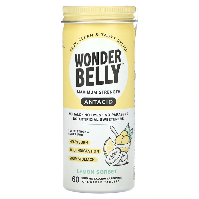 Wonderbelly, антацид, лимонный сорбет, 60 жевательных таблеток