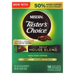 Nescafé, Тэйстерс Чойс, Растворимый Кофе, Декаф Хаус Бленд, 16 пакетиков, 0.1 унций (3 гр) каждый