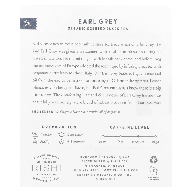 Rishi Tea, Органический ароматизированный черный чай, Earl Grey, 15 пакетиков, 42 г (1,48 унции)