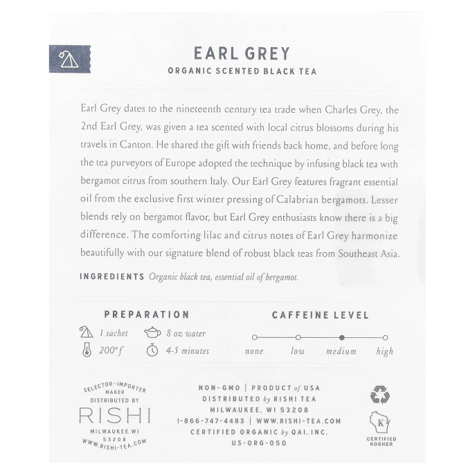 Rishi Tea, Органический ароматизированный черный чай, Earl Grey, 15 пакетиков, 42 г (1,48 унции)