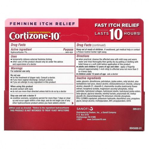 Cortizone 10, Крем против зуда с 1% гидрокортизоном, женское средство для снятия зуда, максимальная сила действия, 28 г (1 унция)