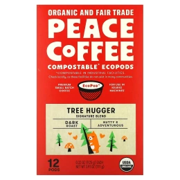 Peace Coffee, Organic Tree Hugger, темная обжарка, 12 стручков по 9,25 г (0,32 унции)