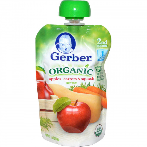 Gerber, Основное питание, Органическое детское пюре из яблок, моркови и кабачков, 3,5 унции (99 г)