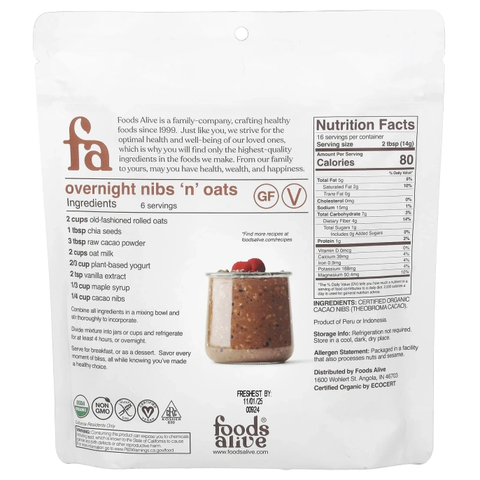 Foods Alive, Чудо-пища, кусочки какао-бобов, 8 унц. (227 г)