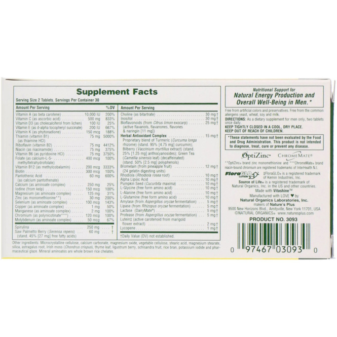 Nature's Plus, Source of Life, Мультивитаминная и минеральная добавка для мужчин, без железа 60 таблеток