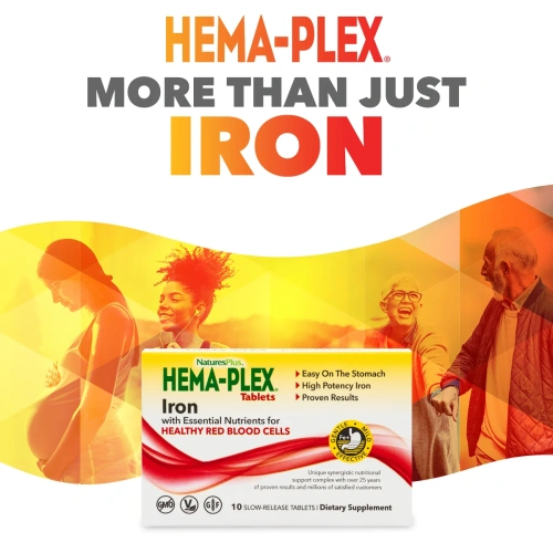 Nature's Plus, Hema-Plex, железо с незаменимыми питательными веществами для здоровых эритроцитов, 10 таблеток с замедленным высвобождением