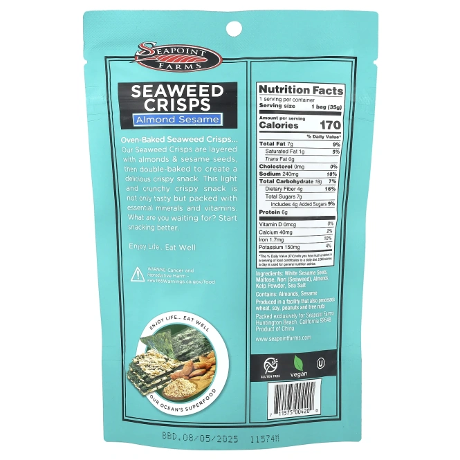 Seapoint Farms, чипсы из морских водорослей, миндаль и кунжут, 35 г (1,2 унции)