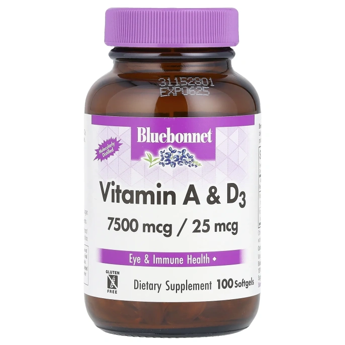 Bluebonnet Nutrition, Витамины A и D3, 100 гелевых капсул