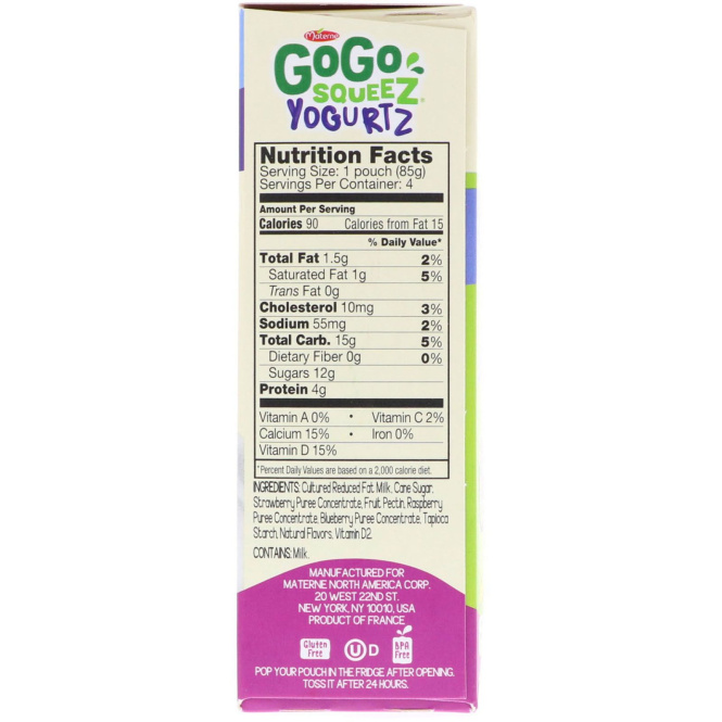 GoGo SqueeZ, YogurtZ, ягоды, 4 пакетика по 3 унц. (85 г)