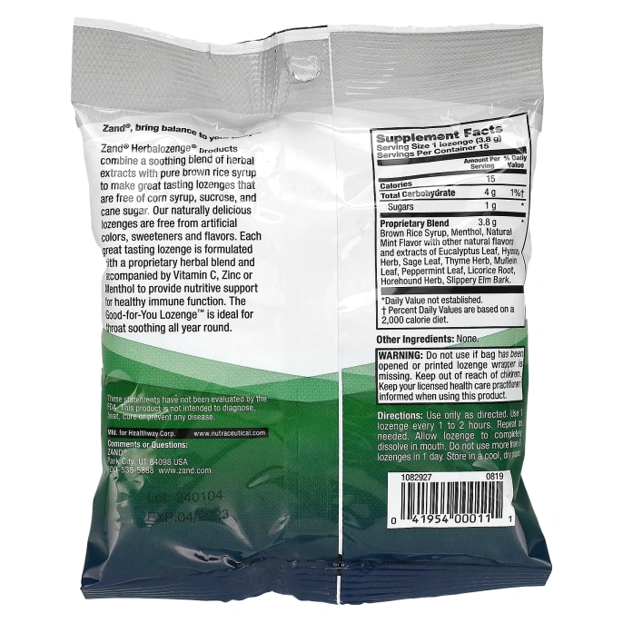 Zand, Ментол, Растительные пастилки, Успокаивающий ментол, 15 пастилок с ментолом