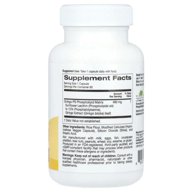 Super Nutrition, Ginkgo PS Phytosome, фитосомы гинкго с ФС, 480 мг, 60 растительных капсул