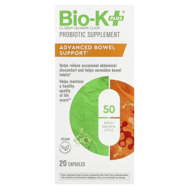 Bio-K+, добавка с пробиотиком, улучшенная поддержка кишечника, 20 капсул