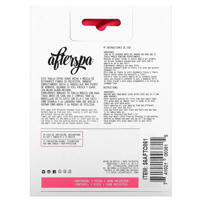 AfterSpa, Волшебная многоразовая салфетка для снятия макияжа, 1 салфетка