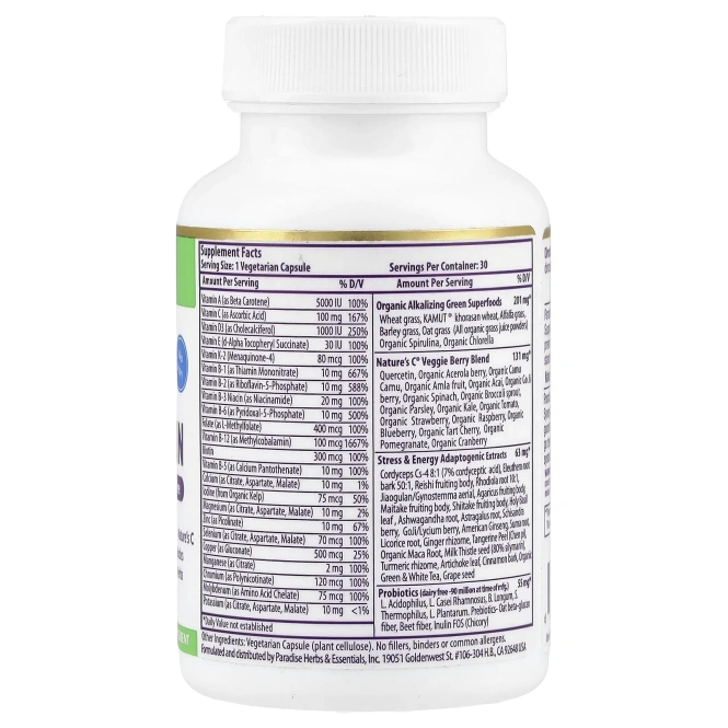 Paradise Herbs, Earth's Blend, ежедневный сверхпитательный мультивитамин, без железа, 30 капсул на растительной основе