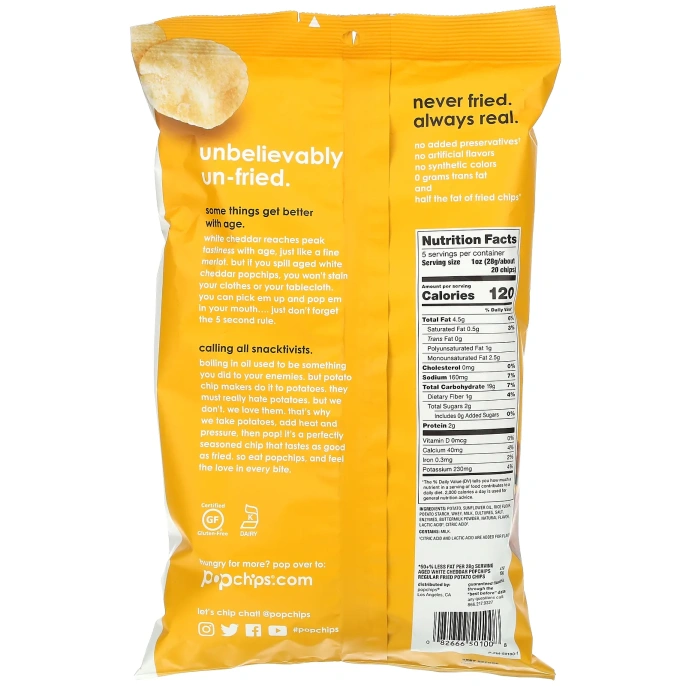 Popchips, Картофельные чипсы, выдержанный белый чеддер, 142 г (5 унций)