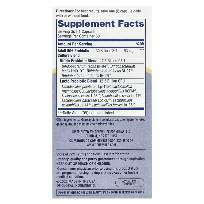 Renew Life, Ultimate Flora, пробиотик для взрослых старше 50 лет, 30 млрд живых культур, 60 вегетарианских капсул