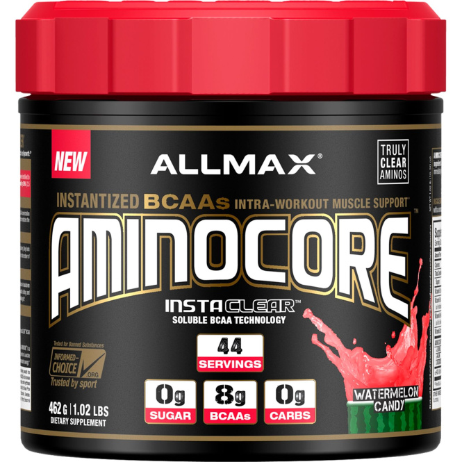 ALLMAX Nutrition, AMINOCORE, аминокислоты с разветвленной цепью (BCAA), 8 г аминокислот с разветвленной цепью в каждой порции, в соотношении 45:30:25, 100% отсутствие примесей, без глютена, со вкусом арбузных конфет, 1,02 фунта (462 г)