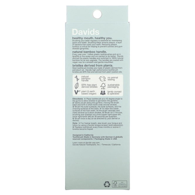 Davids, премиальный бамбуковый зубная щетка, мягкая, для взрослых, 3 шт.