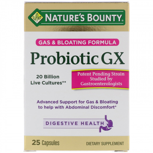 Nature's Bounty, Пробиотик GX, формула защиты от газов и вспучивания, 25 капсул