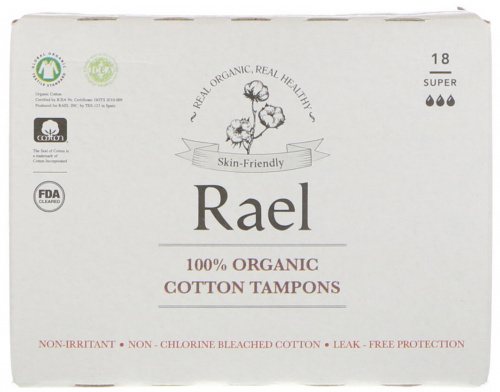 Rael, 100% органические ватные тампоны, с высокой впитывающей способностью (Super), 18 тампонов