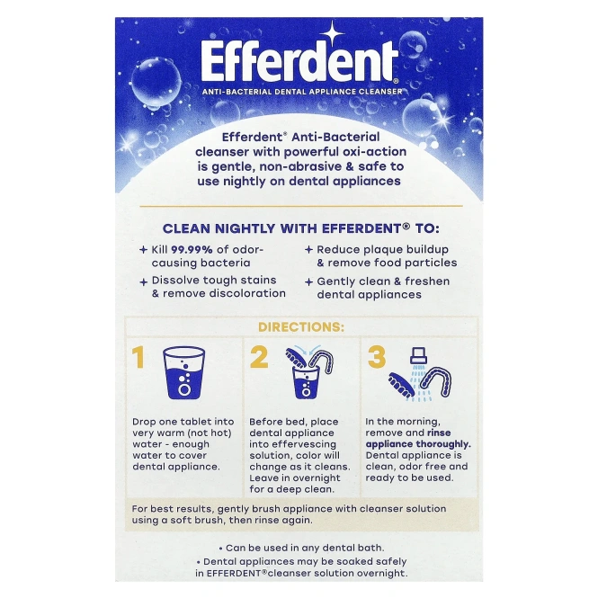 Efferdent, Антибактериальное очищающее средство для зубных протезов, ночное очищение, 90 таблеток
