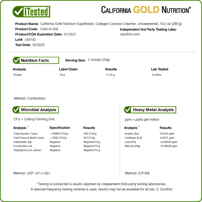 California Gold Nutrition, Superfoods, кокосовые сливки с коллагеном, порошком из органического сухого кокосового молока, пептидами гидролизованного коллагена, органическим тапиоковым мальтодекстрином и экстрактом бамбука, без подсластителей, 288 г (10,2 